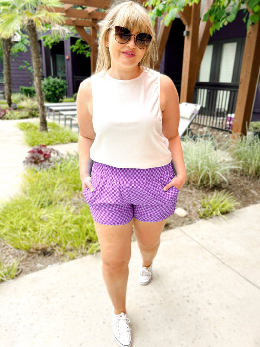Checkered Tummy Control Athletic Shorts with Pockets - Girl Code Couture
