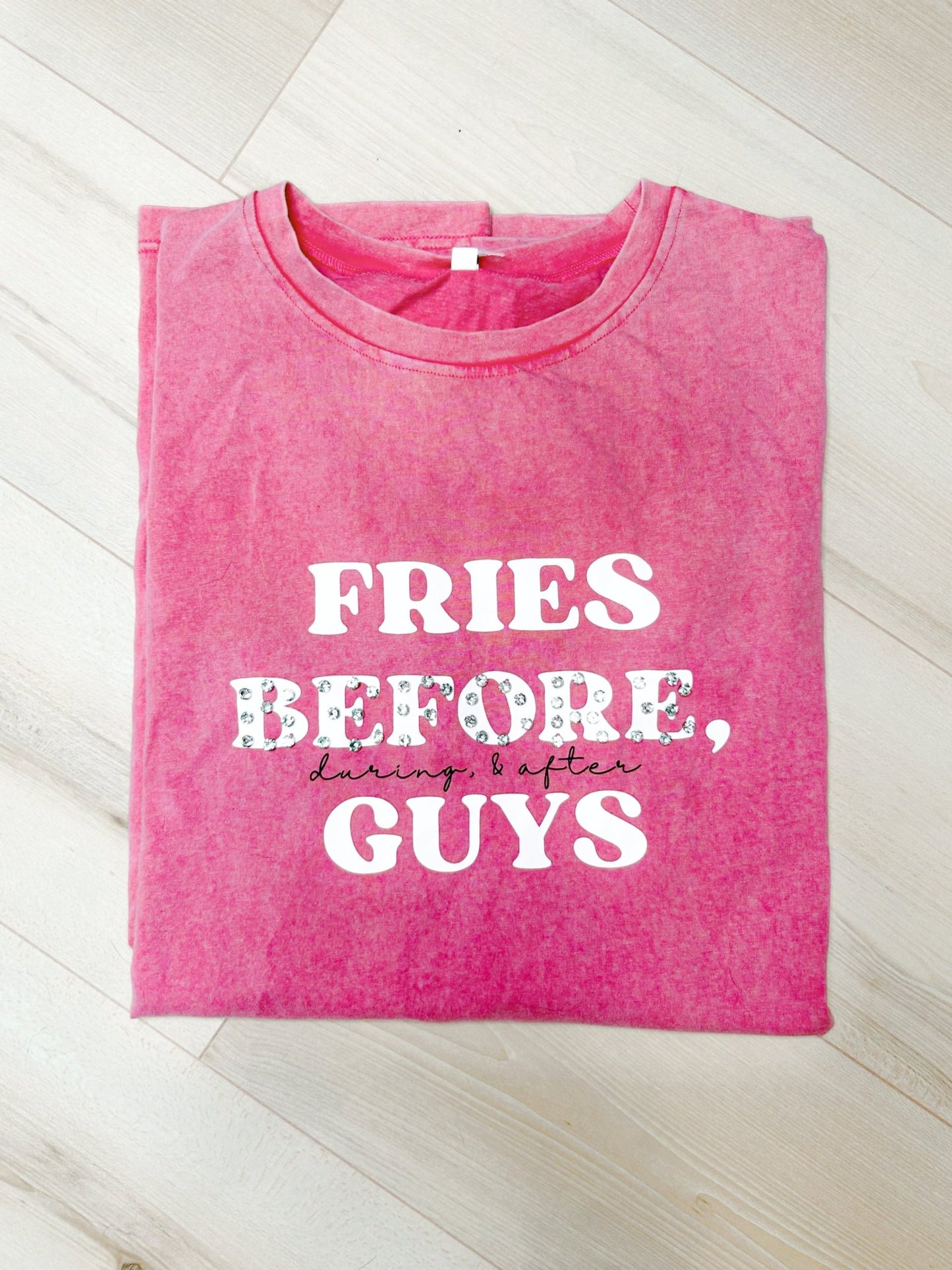 “Fries Before, During, & After Guys” Graphic & Studded Washed Tee - Girl Code Couture