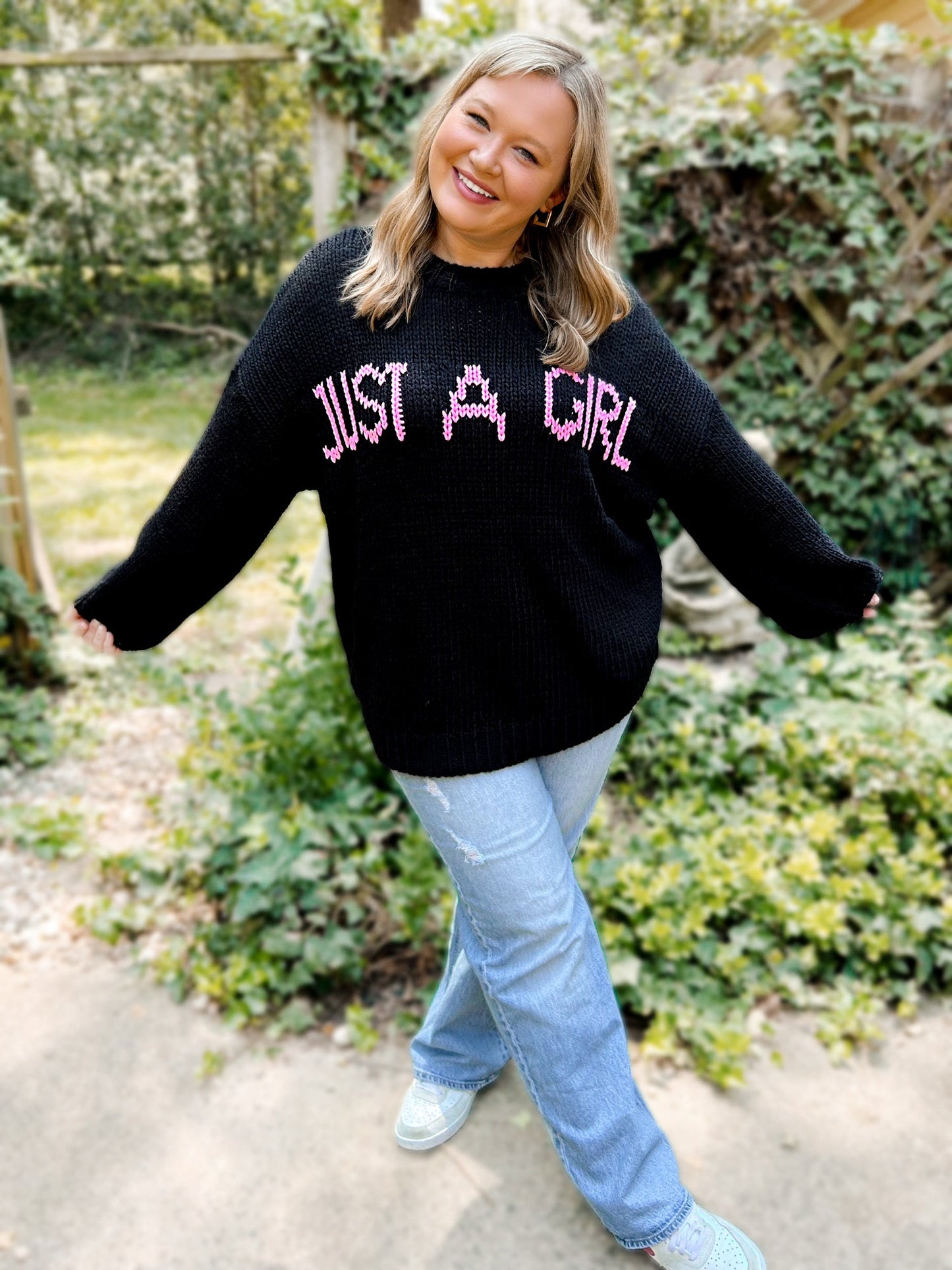 Josie “Just a Girl” Oversized Knit Graphic Sweater - Girl Code Couture