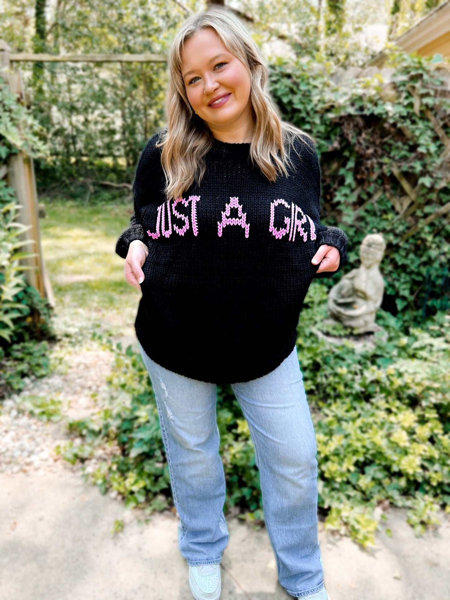 Josie “Just a Girl” Oversized Knit Graphic Sweater - Girl Code Couture