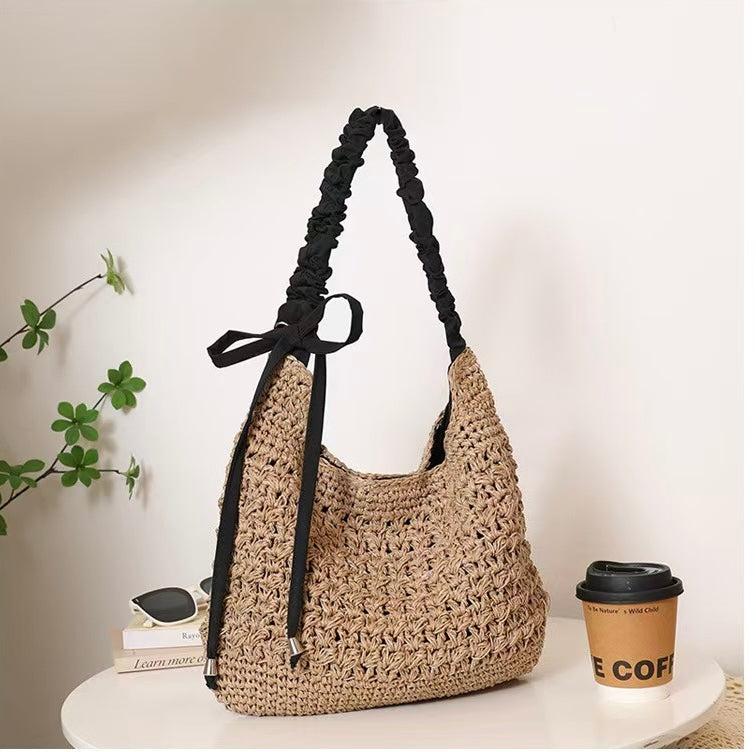 Ruffle Strap Woven Shoulder Bag