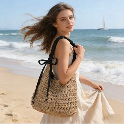 Ruffle Strap Woven Shoulder Bag