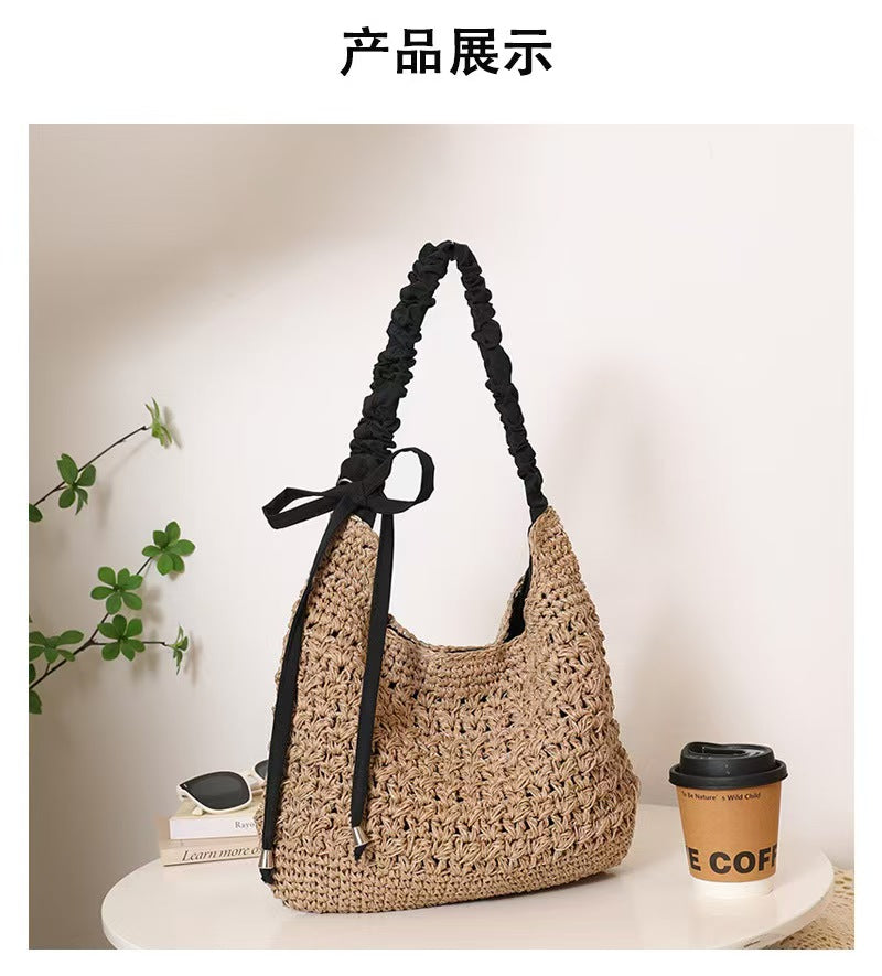 Ruffle Strap Woven Shoulder Bag