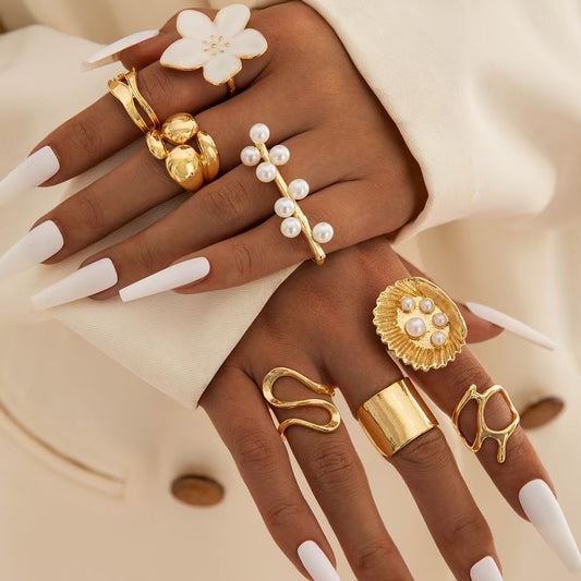 Bloom 8-Piece Pearl & Gold Ring Set