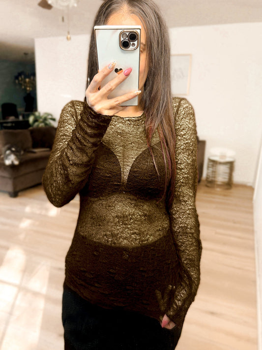 PREORDER Luxe Lace and Floral Textured Long Sleeve Sheer Top - Girl Code Couture