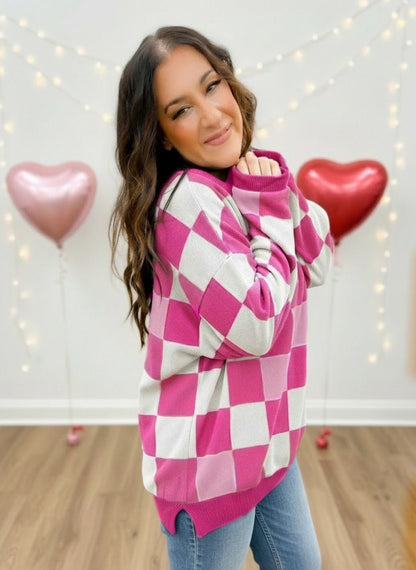 PREORDER Pink Checkered Chenille Cotton Corded Crew Sweatshirt - Girl Code Couture