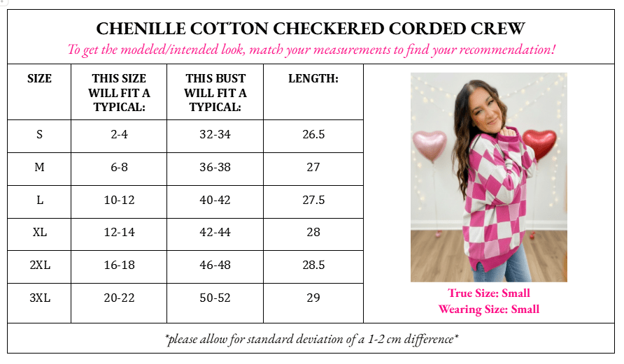 PREORDER Pink Checkered Chenille Cotton Corded Crew Sweatshirt - Girl Code Couture