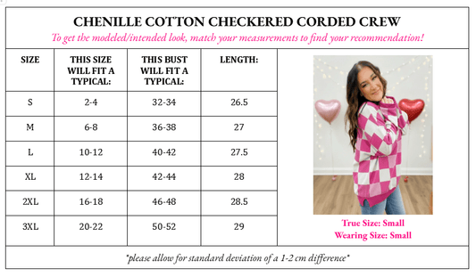 PREORDER Pink Checkered Chenille Cotton Corded Crew Sweatshirt - Girl Code Couture