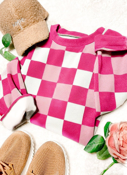 PREORDER Pink Checkered Chenille Cotton Corded Crew Sweatshirt - Girl Code Couture