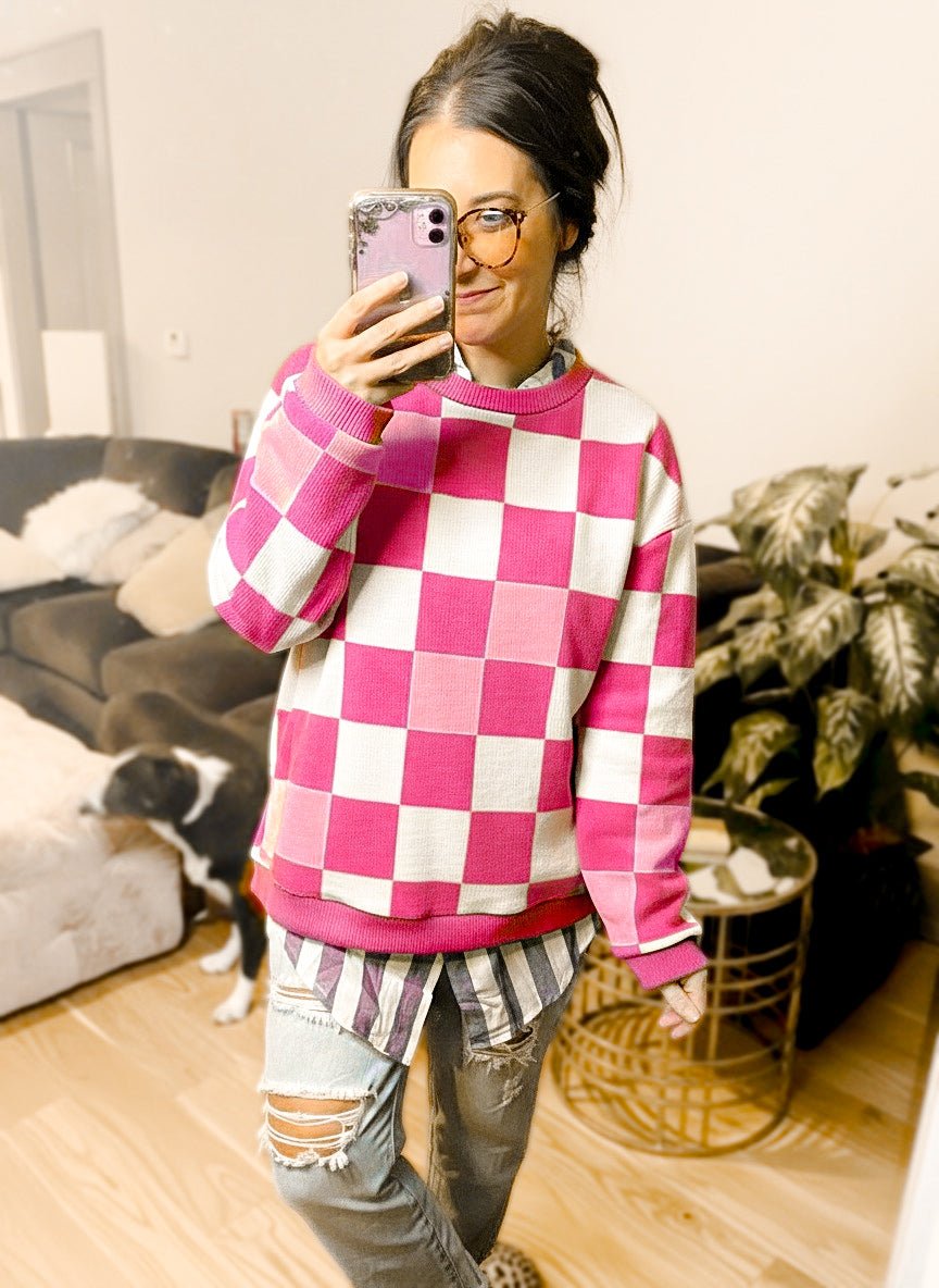 PREORDER Pink Checkered Chenille Cotton Corded Crew Sweatshirt - Girl Code Couture
