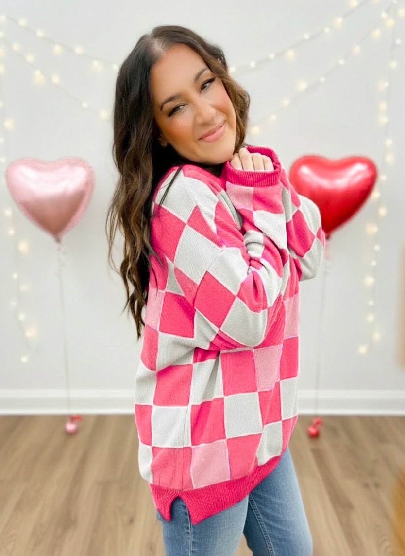 PREORDER Pink Checkered Chenille Cotton Corded Crew Sweatshirt - Girl Code Couture